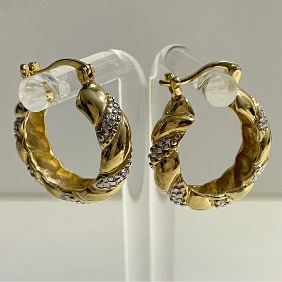 14K Yellow Gold Vermeil Genuine Diamond Accent Hoop Earrings Gift Box - Picture 3 of 5